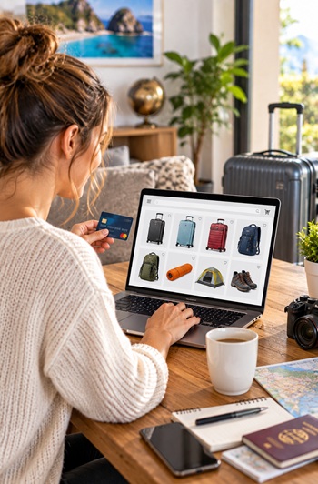 Kundin bestellt Reiseartikel bequem online im Luckytours-Reiseshop